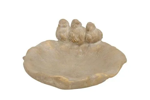 Bebedero cemento y oro con3 pájaros