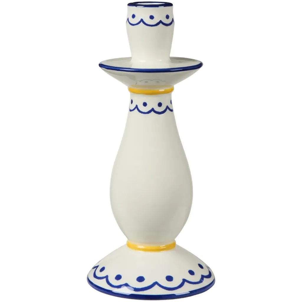Portavelas para vela de 2,2 cm, blanco con estampado azul y amarillo.